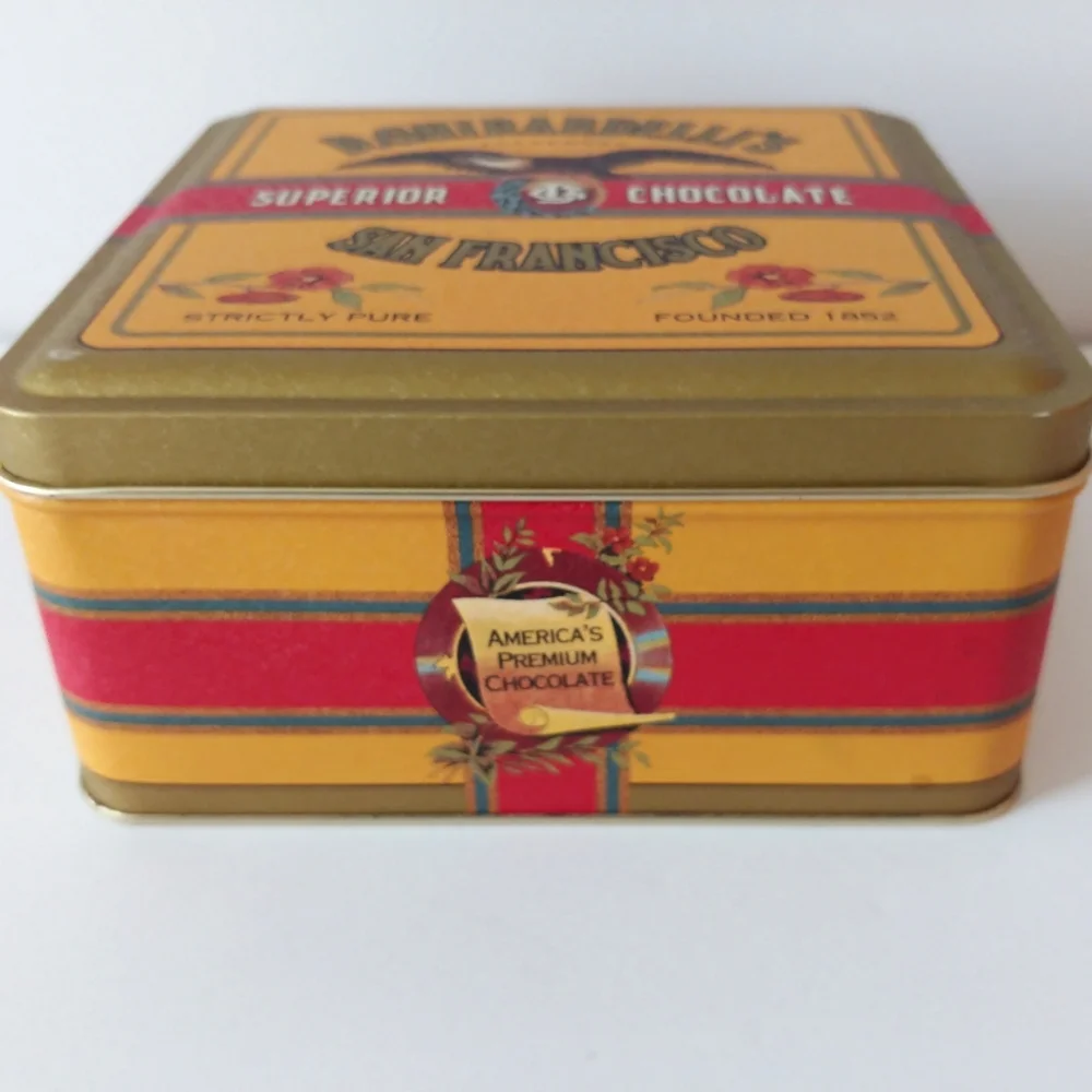 Vintage Ghirardelli's Chocolate Tin Square Gold Green Red 1993